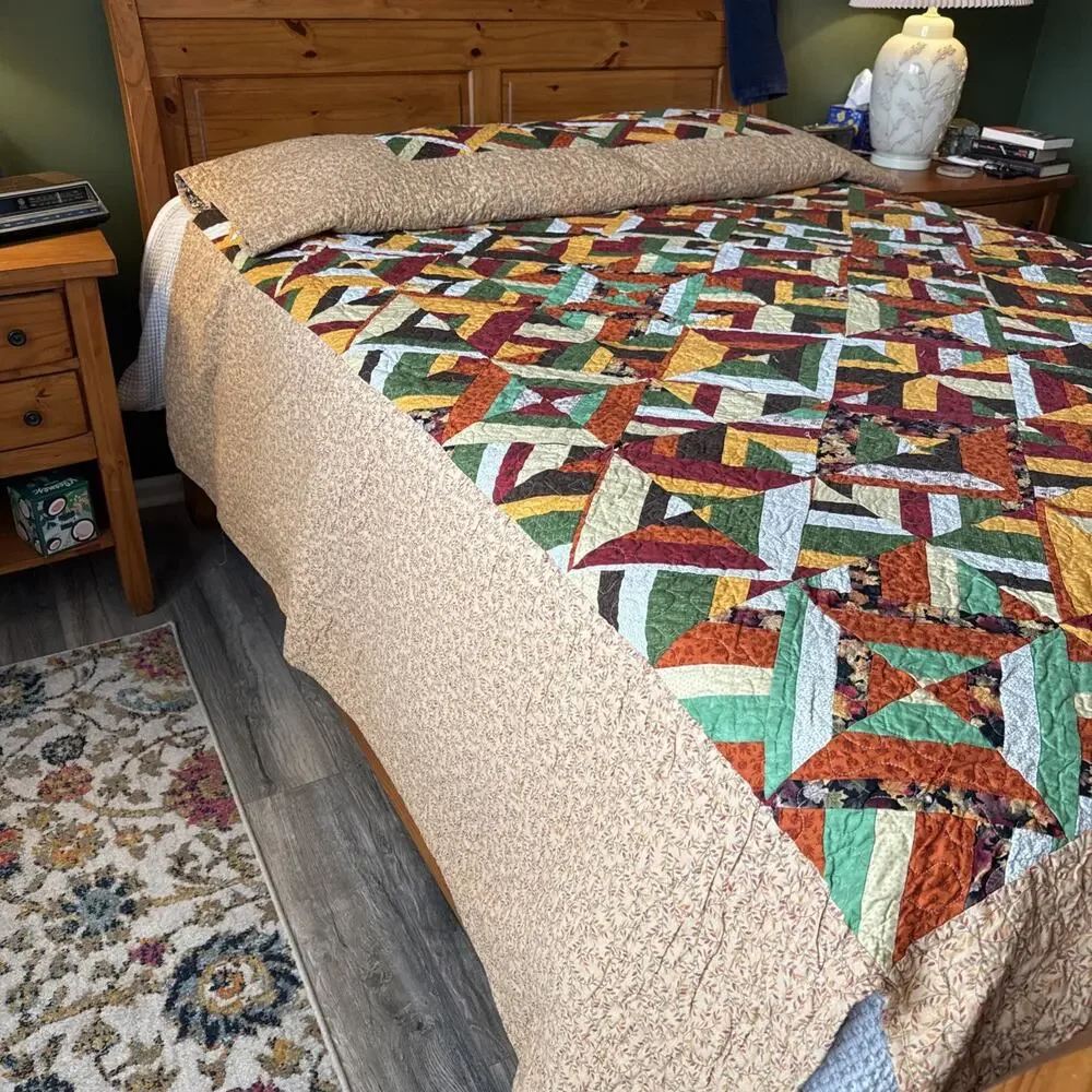 Amazing Vintage Handmade Joyful Plaid Quilt With Pillow Tuck Queen
